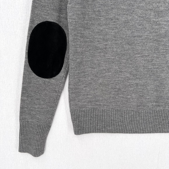 MINNIE ROSE Sweater Women S Gray Merino V-neck Long Sleeve Leather Elbow Patch - Picture 5 of 12